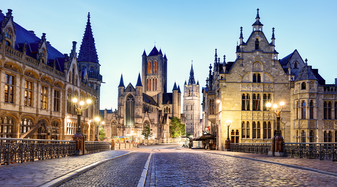 Cobbled street and medieval buildings in Ghent